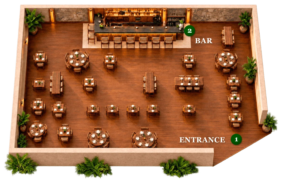 Floor plan of the venue, BAK' Tulum. This is how BAK' Tulum is laid out from end to end.