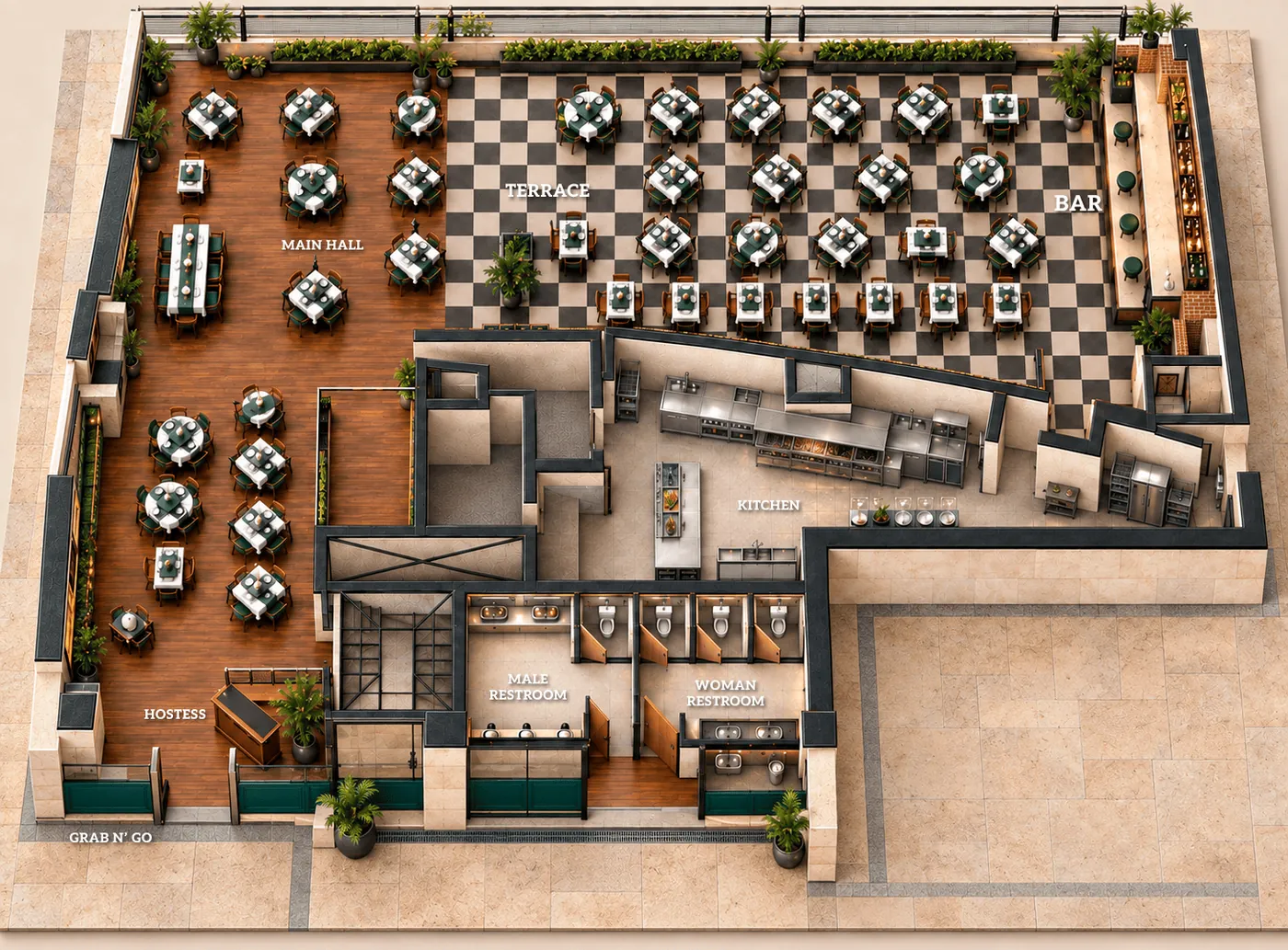 Floor plan of the venue, Bodega Argentina Cancún. This is how Bodega Argentina Cancún is laid out from end to end.