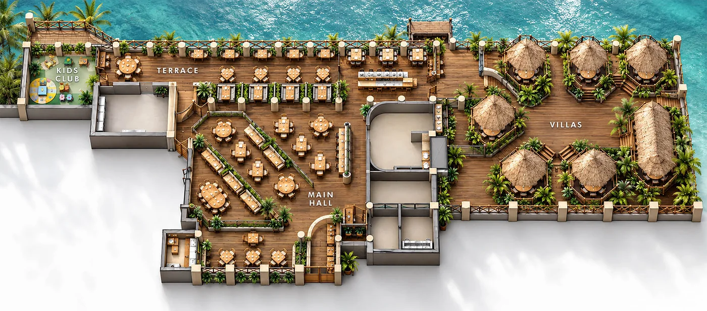Floor plan of the venue, Fred's Cancún. This is how Fred's Cancún is laid out from end to end.