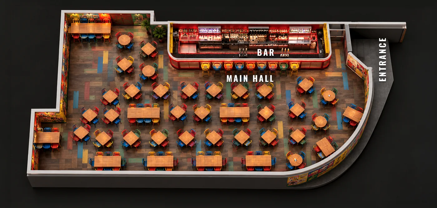 Floor plan of the venue, Señor Frog's Los Cabos. A single main hall with the bar running along it and long tables for groups.