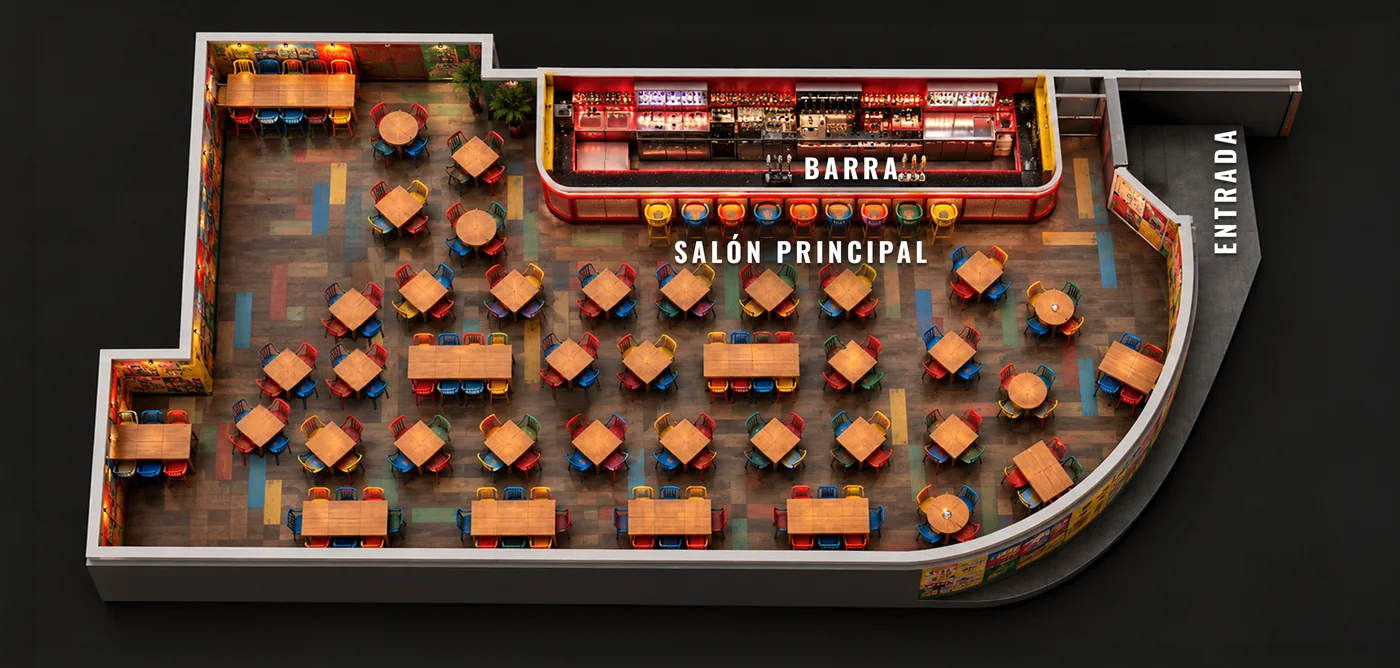 Plano de la unidad, Señor Frog's Los Cabos. Un solo salón principal con la barra a lo largo y mesas largas para grupos.