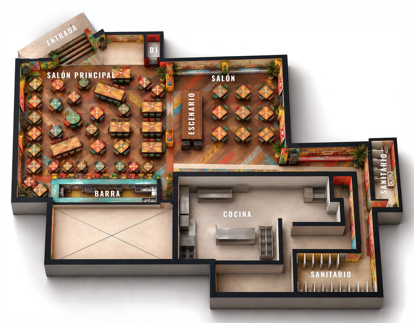 Plano de la unidad, Señor Frog's Cancún. Se entra por la escalera al salón principal, con la barra al fondo; al lado, el salón del escenario y la cabina de DJ.