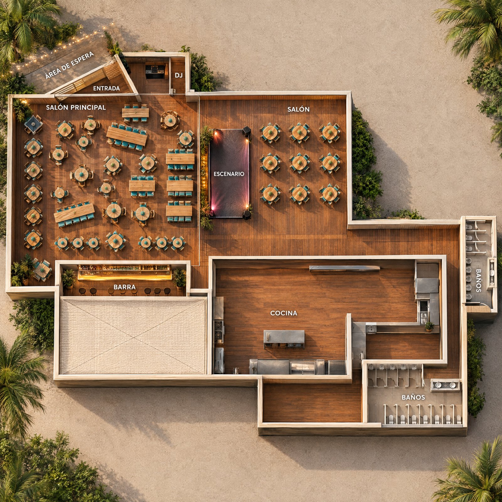 Floor plan of the venue, Señor Frog's Cancún. This is how Señor Frog's Cancún is laid out from end to end.