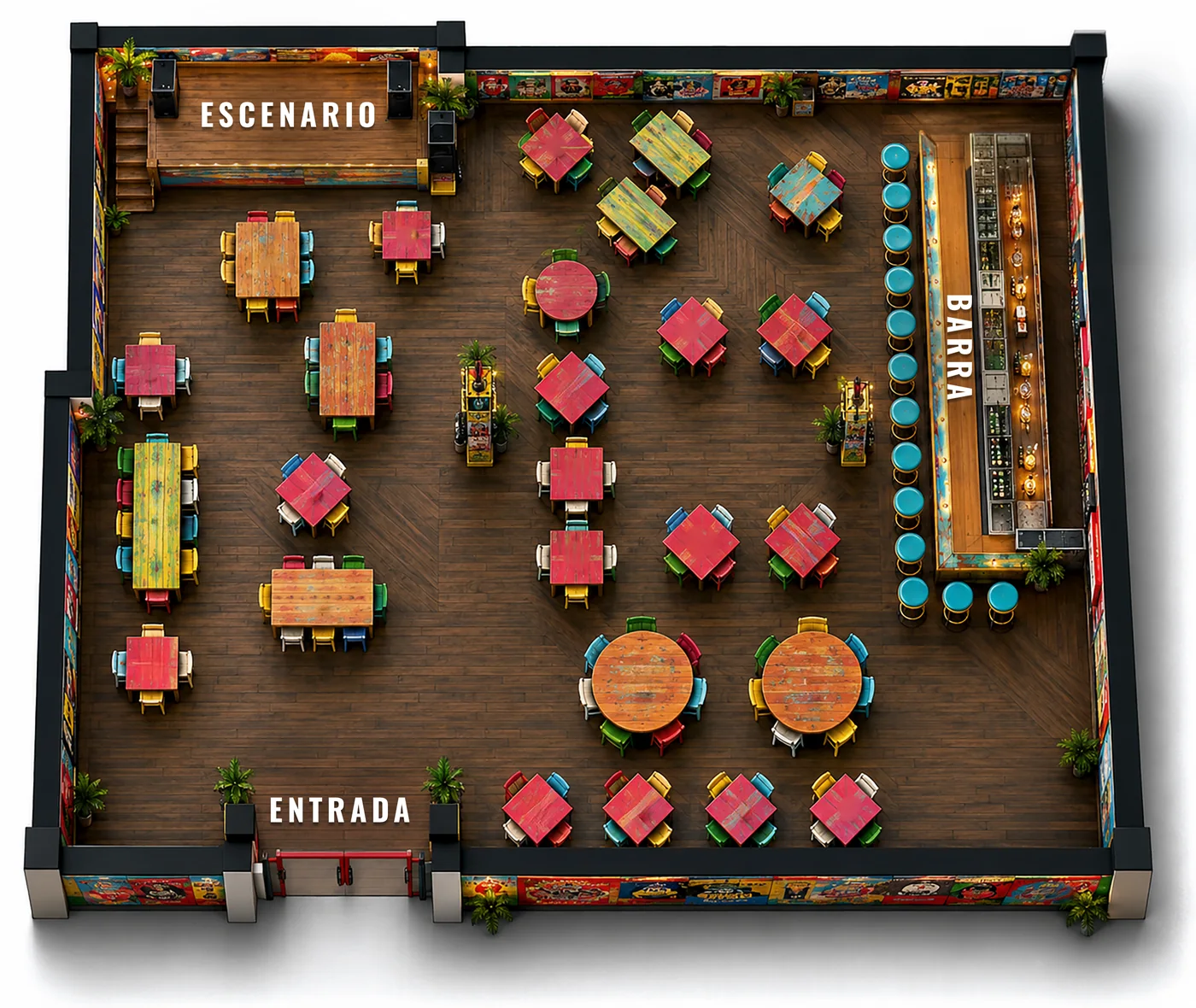 Plano de la unidad, Señor Frog's Cozumel. De la entrada al escenario, con la barra a lo largo de todo el salón.