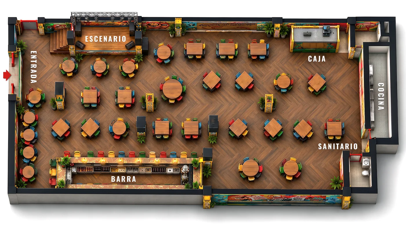 Plano de la unidad, Señor Frog's Playa del Carmen. La entrada da al escenario; la barra corre a lo largo del salón y al fondo quedan caja, cocina y sanitarios.
