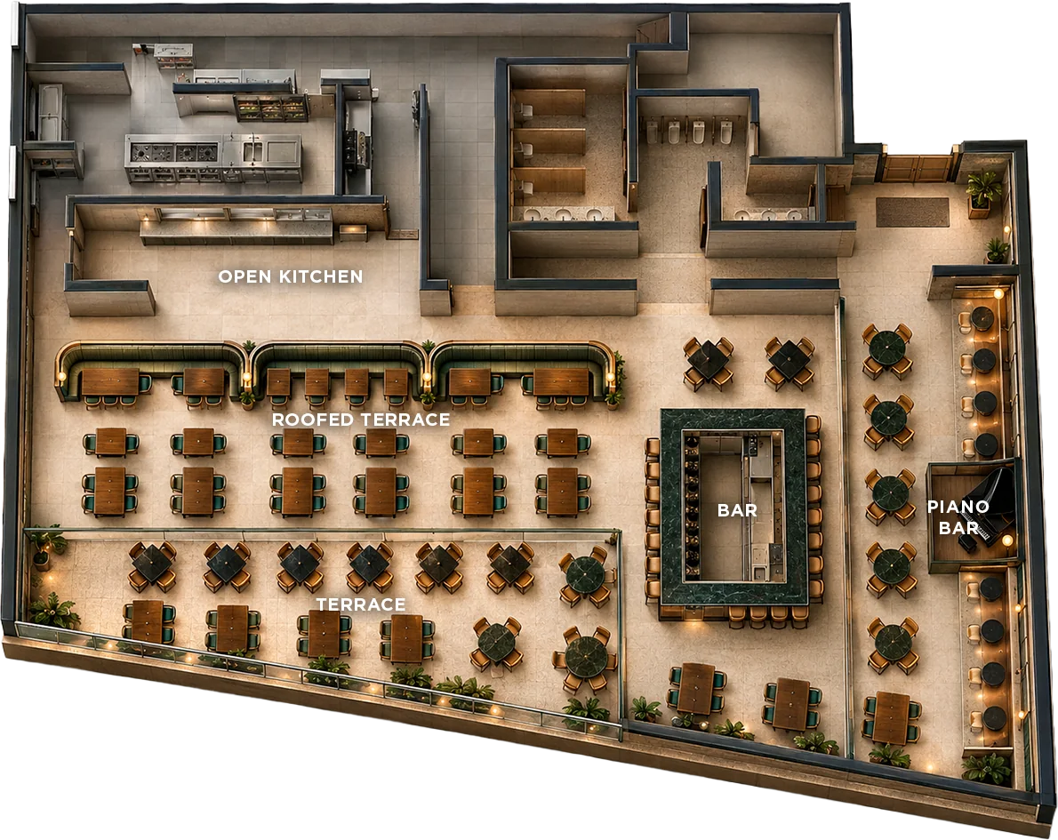 Floor plan of the venue, Harry's Los Cabos. This is how Harry's Los Cabos is laid out from end to end.