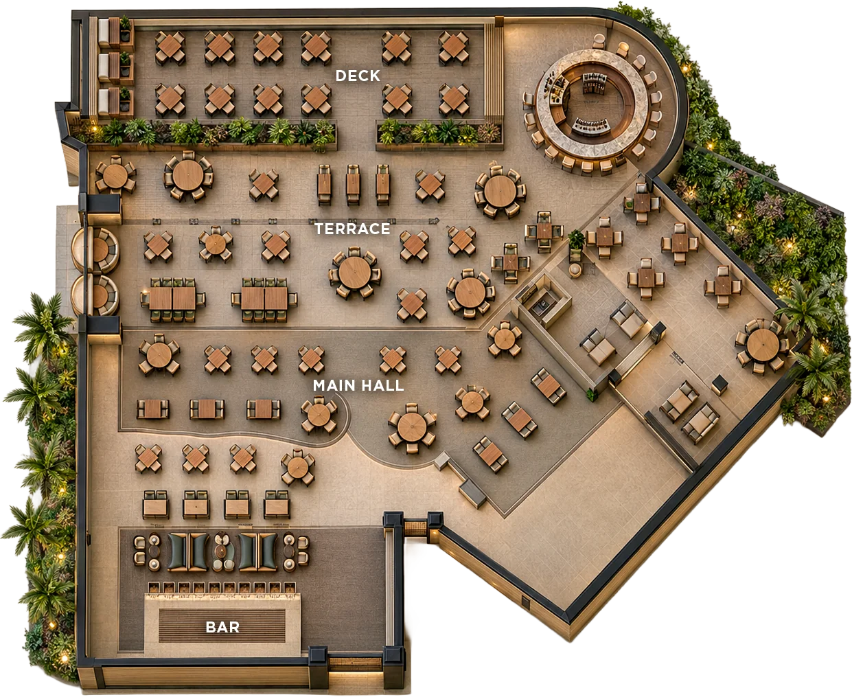 Floor plan of the venue, Harry's Cancún. This is how Harry's Cancún is laid out from end to end.