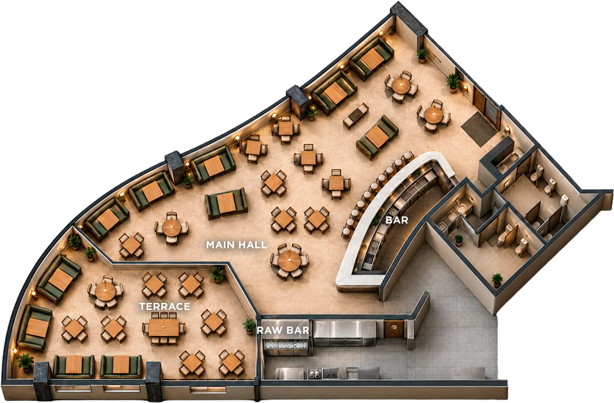Floor plan of the venue, Harry's Playa del Carmen. This is how Harry's Playa del Carmen is laid out from end to end.