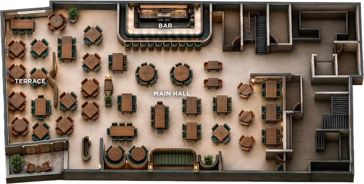 Floor plan of the venue, Harry's Polanco. This is how Harry's Polanco is laid out from end to end.