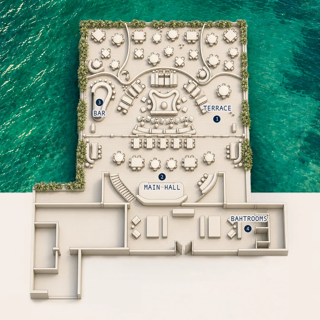 Floor plan of the venue, Ilios Cancún. This is how Ilios Cancún is laid out from end to end.