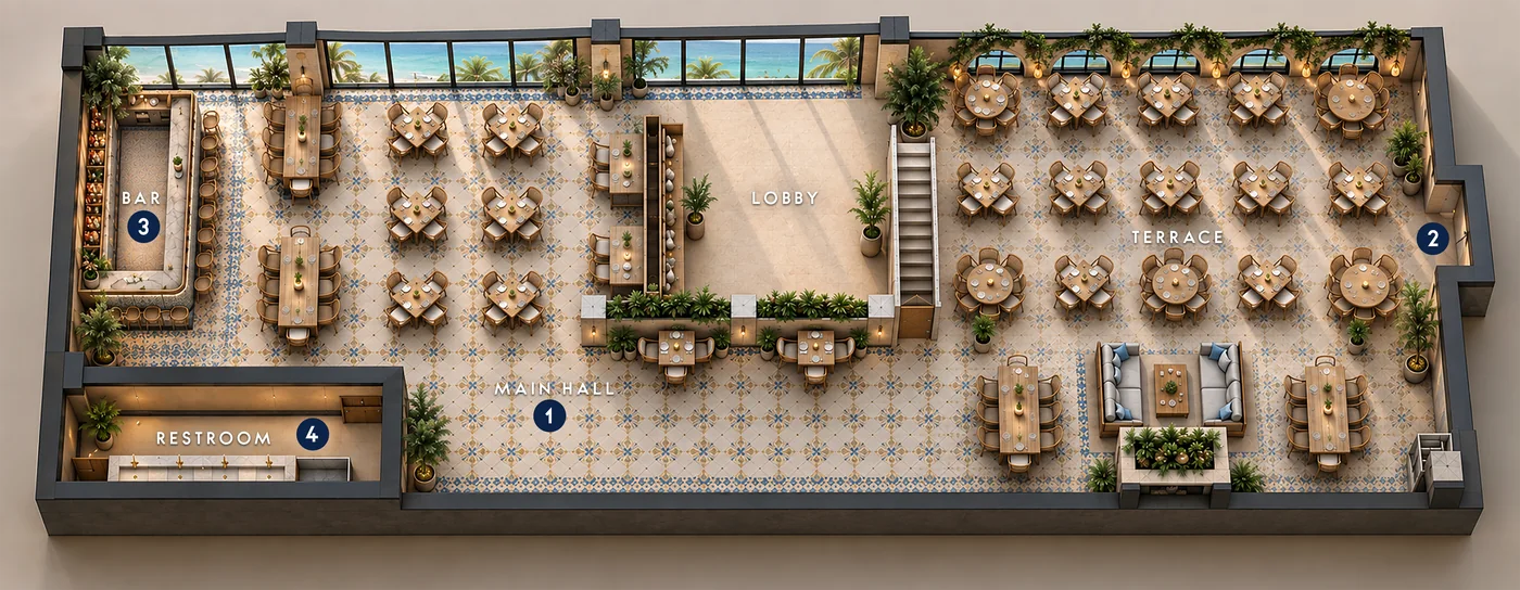 Floor plan of the venue, Nicoletta Cancún. This is how Nicoletta Cancún is laid out from end to end.
