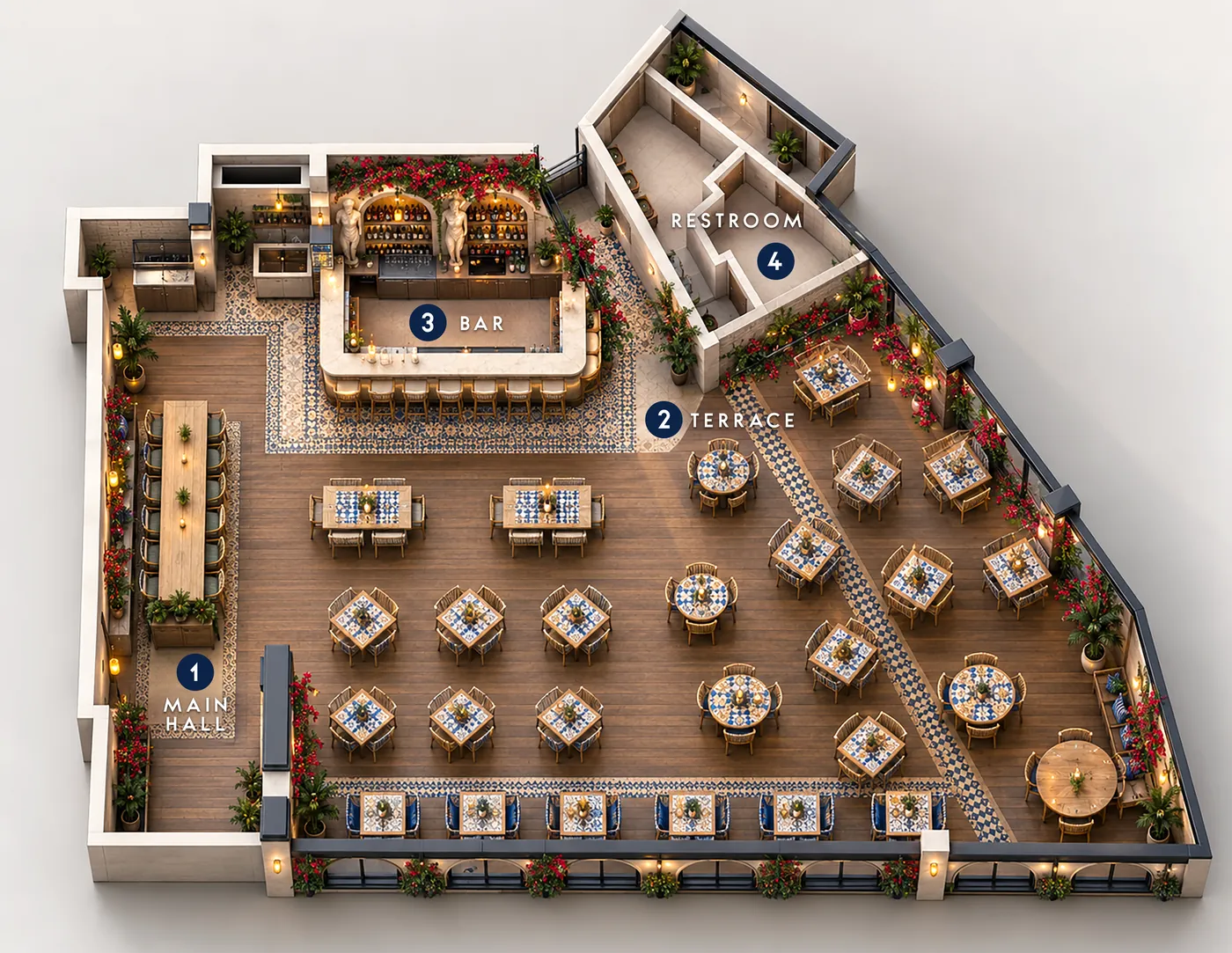 Floor plan of the venue, Nicoletta Playa del Carmen. This is how Nicoletta Playa del Carmen is laid out from end to end.