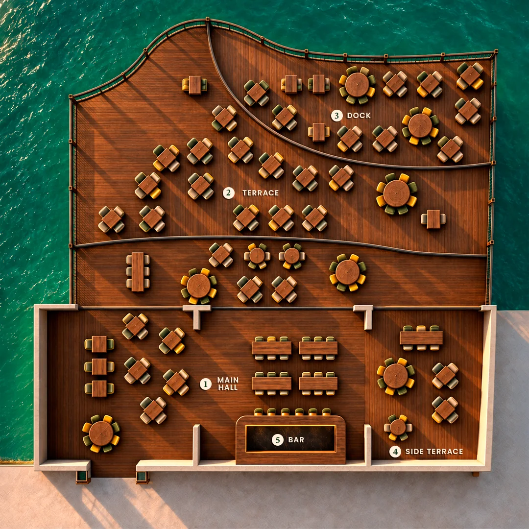 Floor plan of the venue, Porfirio's Cancún. This is how the venue is laid out from end to end: pier, deck, terraces, dining room and bar.