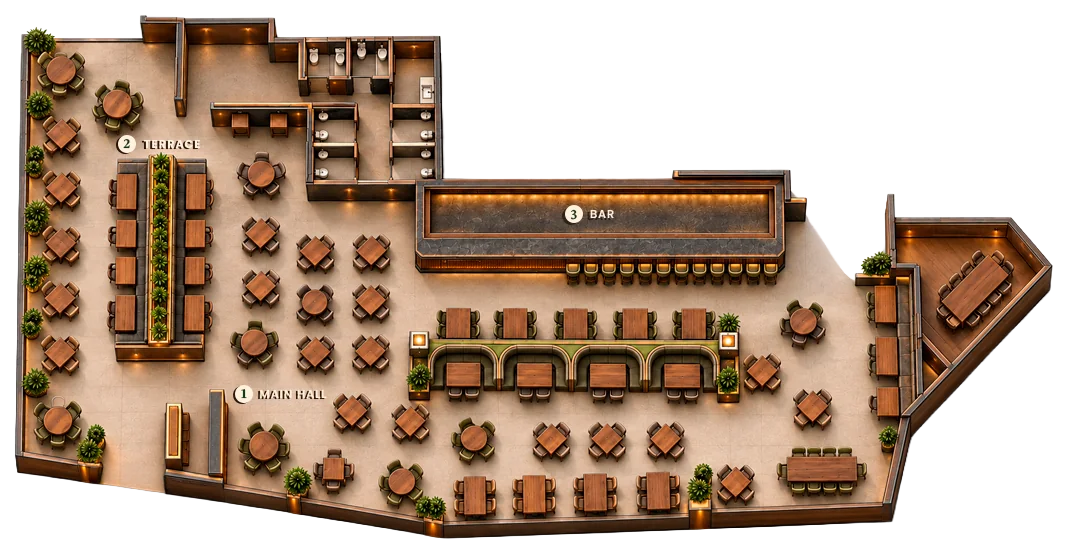 Floor plan of the venue, Porfirio's Coyoacán. This is how Porfirio's Coyoacán is laid out from end to end.