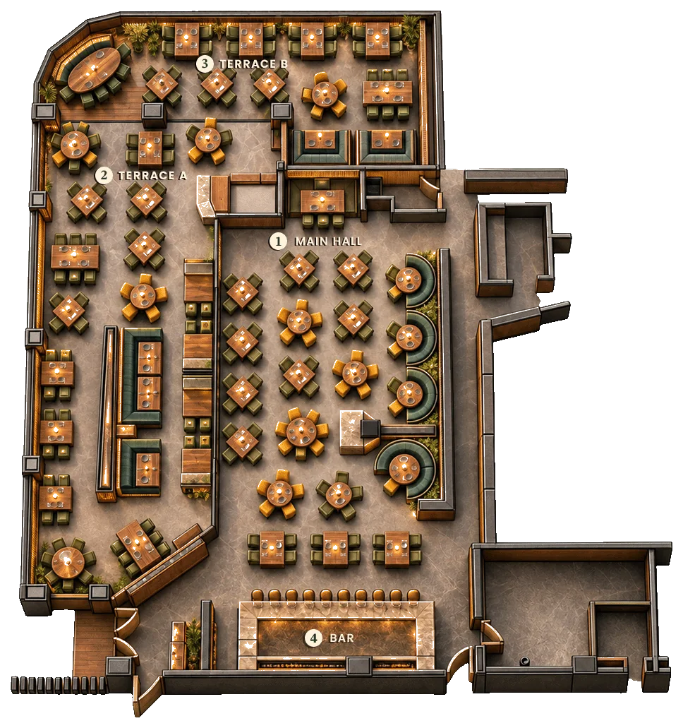 Floor plan of the venue, Porfirio's Masaryk. This is how Porfirio's Masaryk is laid out from end to end.