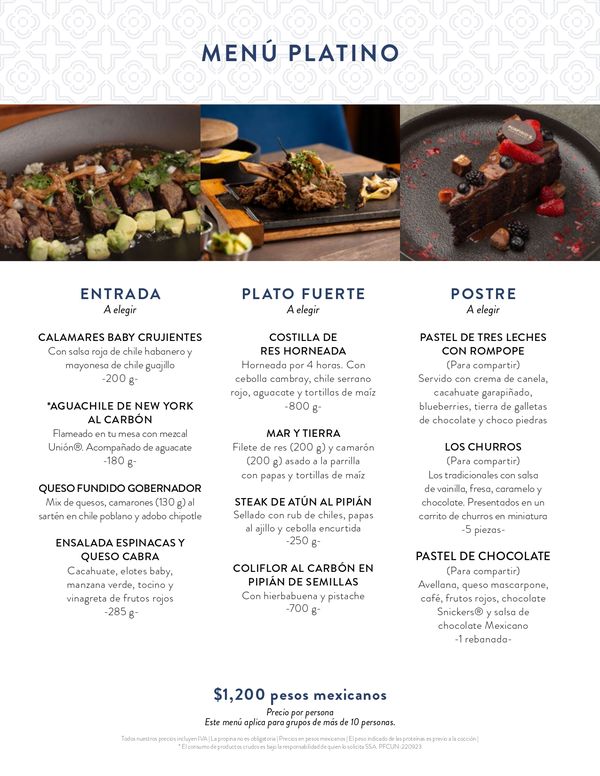 Platinum Menu — Porfirio's Cancún