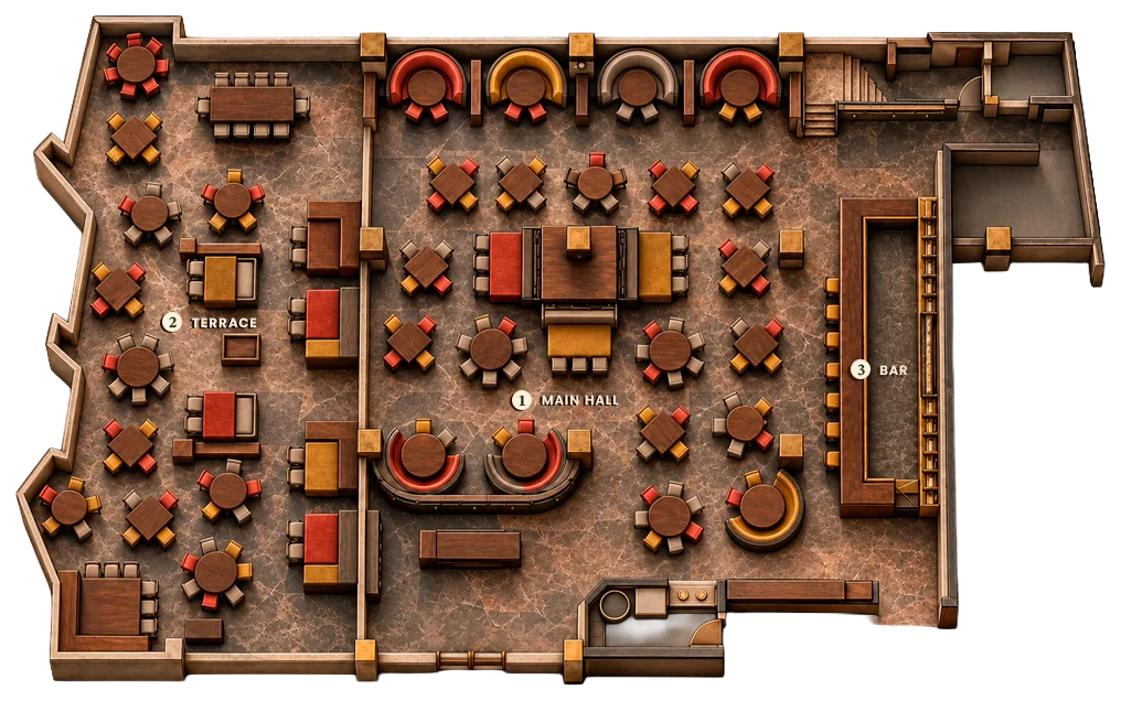 Floor plan of the venue, Porfirio's Mérida. This is how Porfirio's Mérida is laid out from end to end.