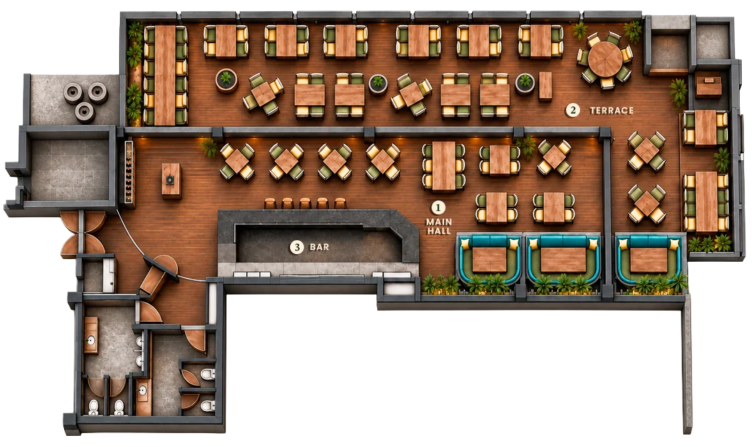 Floor plan of the venue, Porfirio's Playa del Carmen. This is how Porfirio's Playa del Carmen is laid out from end to end.