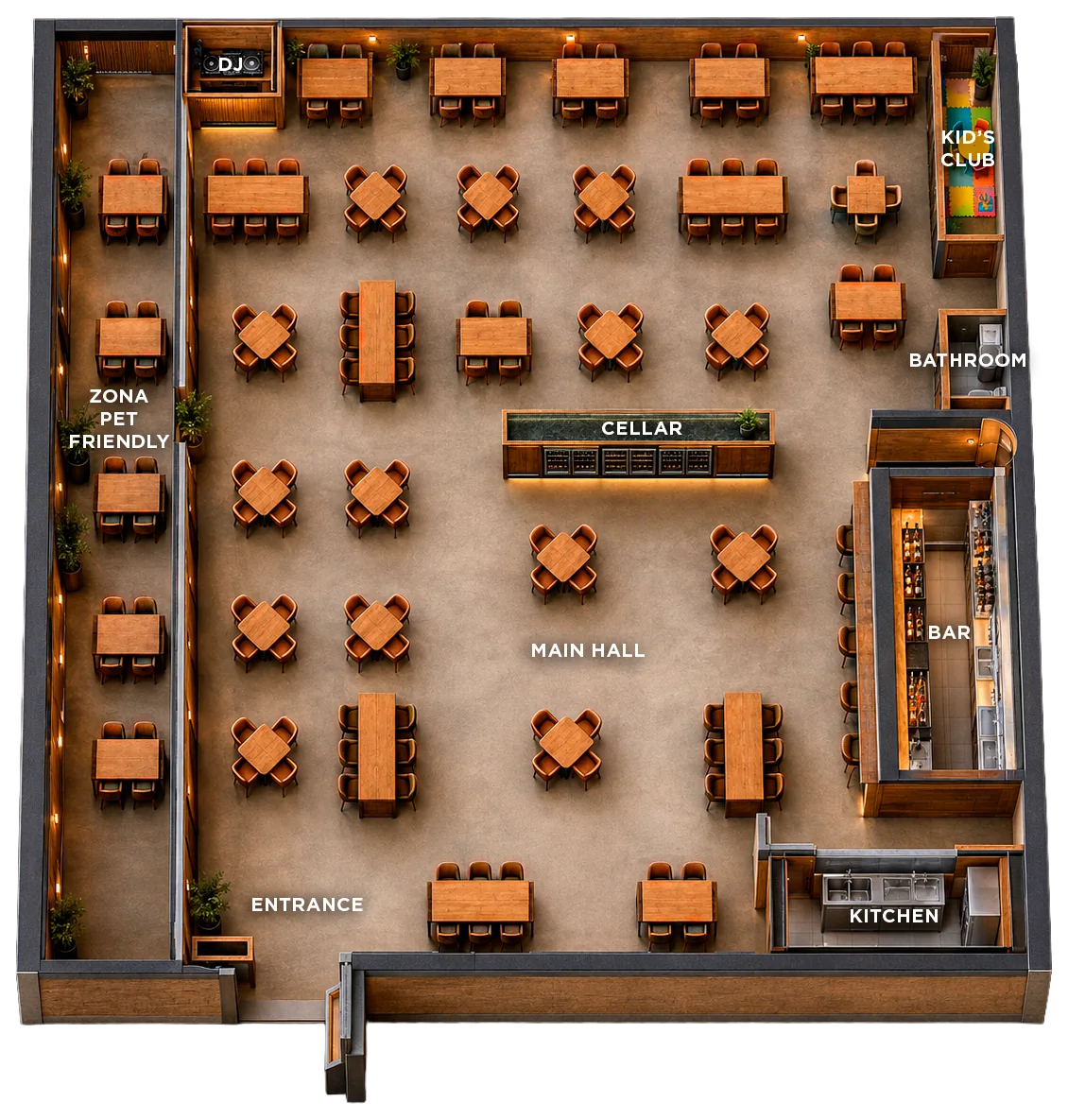 Floor plan of the venue, La Vicenta Tezontle. This is how La Vicenta Tezontle is laid out from end to end.